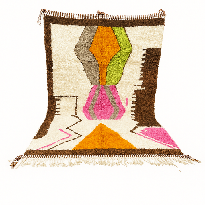 Modern Moroccan wool rug with abstract brown, orange, green, and pink geometric patterns, handmade by Berber artisans