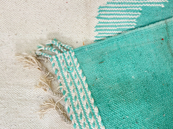Flatweave Moroccan Rug – Abstract Turquoise & Pink Wool Carpet
