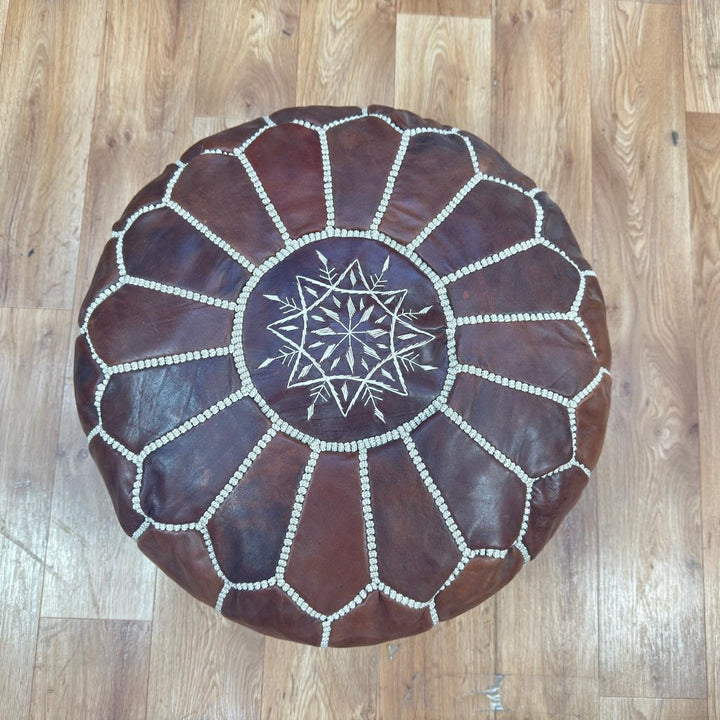 Handmade Genuine Moroccan Leather Pouf – Brown Berber Ottoman