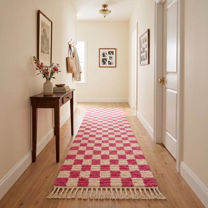 Pink and white checkered Moroccan wool runner rug with handmade Berber texture