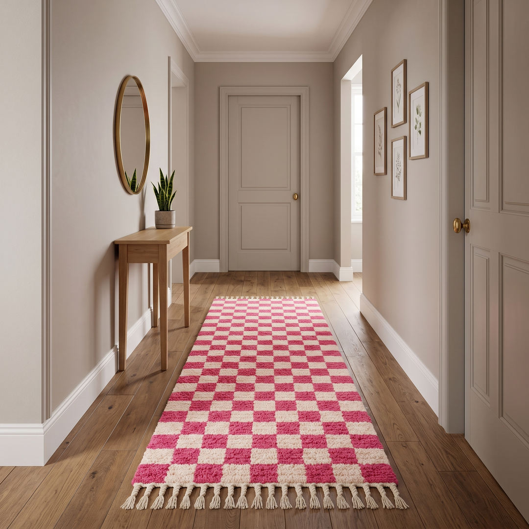 Pink and white checkered Moroccan wool runner rug with handmade Berber texture