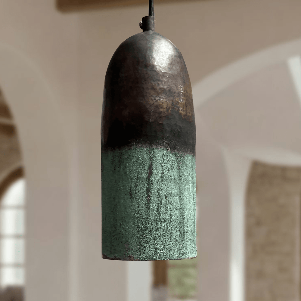Handcrafted Oxidized Copper Cylinder Pendant Light – Green Patina Ceiling Lamp