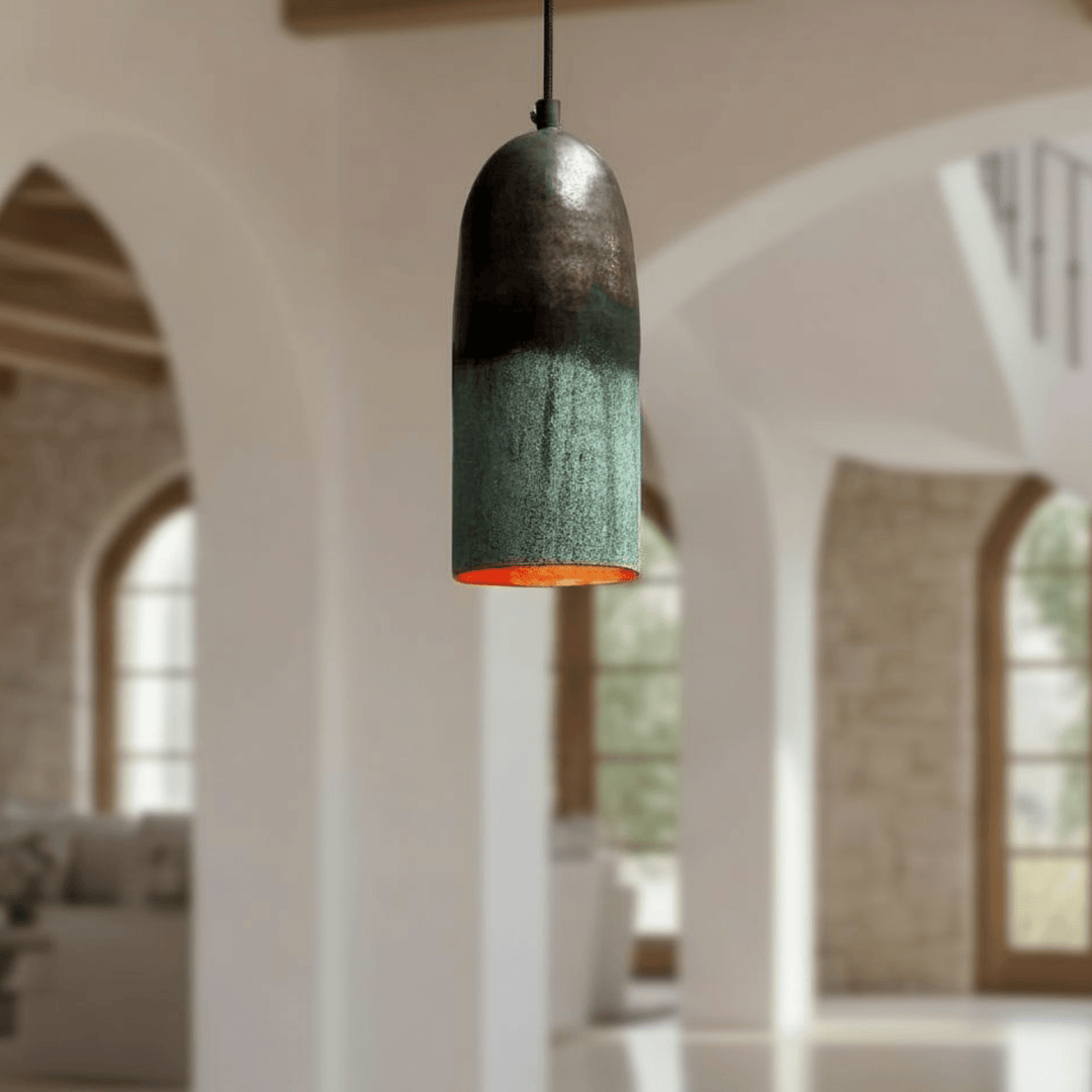 Handcrafted Oxidized Copper Cylinder Pendant Light – Green Patina Ceiling Lamp