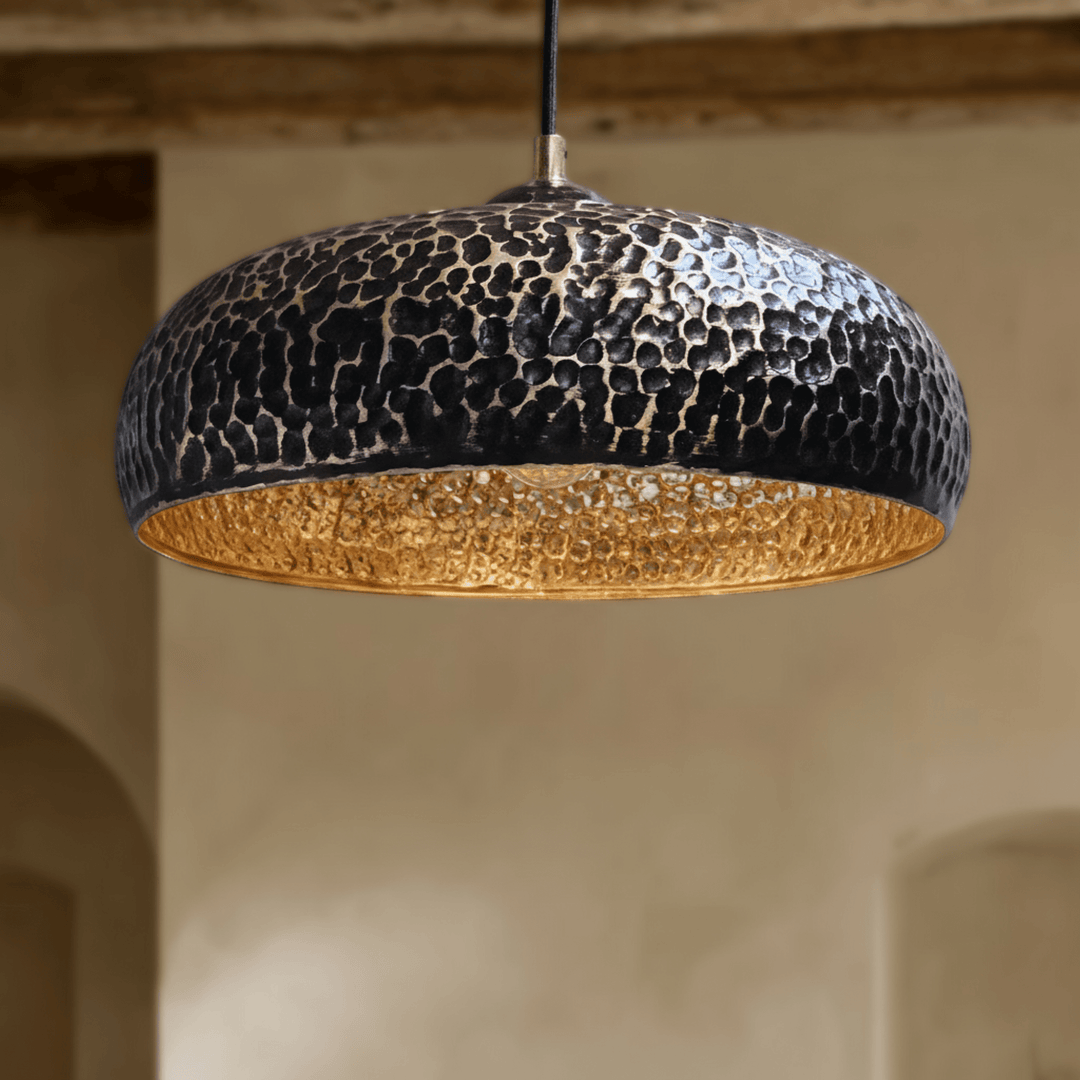 Handcrafted Hammered Brass Dome Pendant Light – Dark Textured Ceiling Lamp