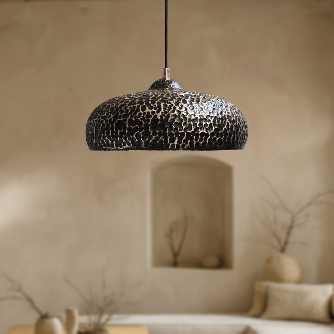 Handcrafted Hammered Brass Dome Pendant Light – Dark Textured Ceiling Lamp