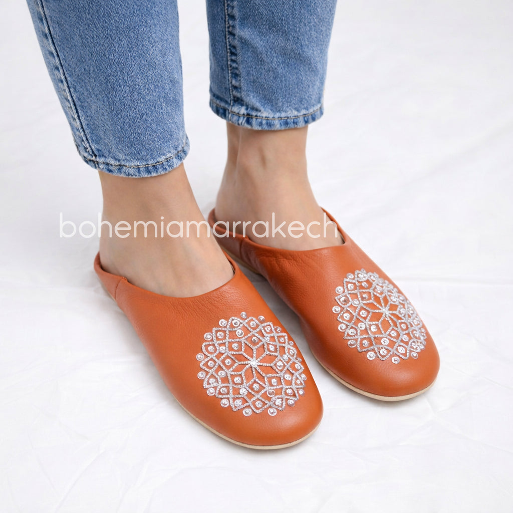 Handmade orange Moroccan babouche slippers in genuine leather with embroidered geometric design
