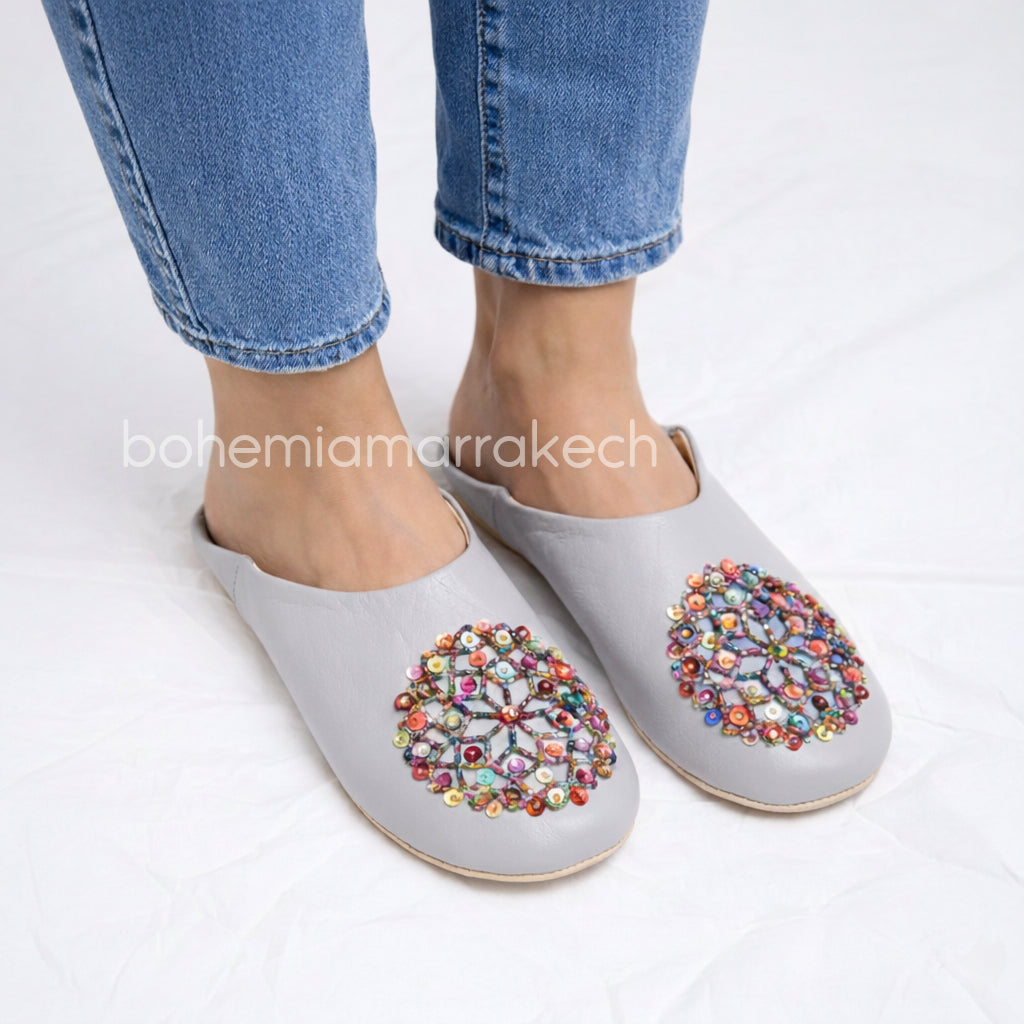 Handmade light grey Moroccan babouche slippers with colorful beadwork