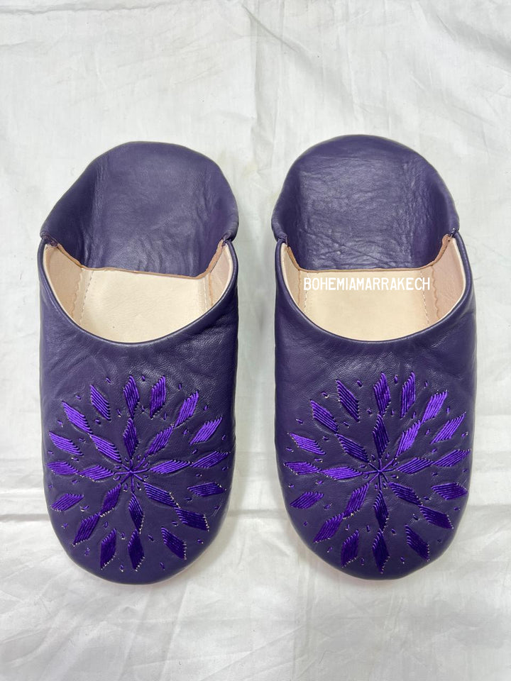 Handmade purple Moroccan leather babouche slippers with hand-embroidered floral design