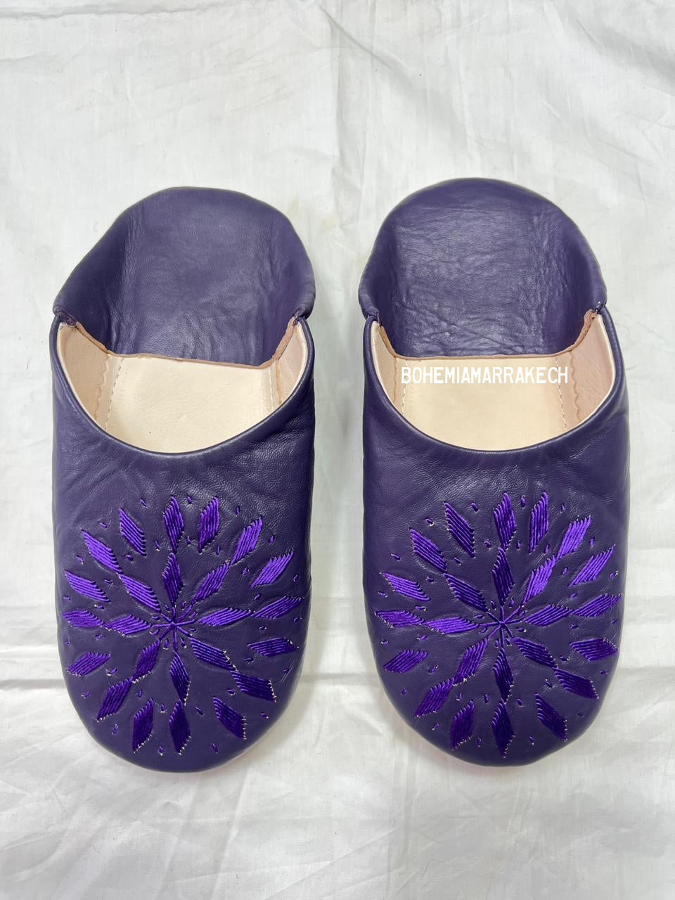 Handmade purple Moroccan leather babouche slippers with hand-embroidered floral design
