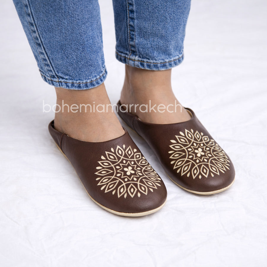 Handmade brown Moroccan leather babouche slippers with hand-carved geometric mandala design
