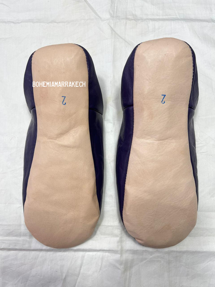 Handmade purple Moroccan leather babouche slippers with hand-embroidered floral design