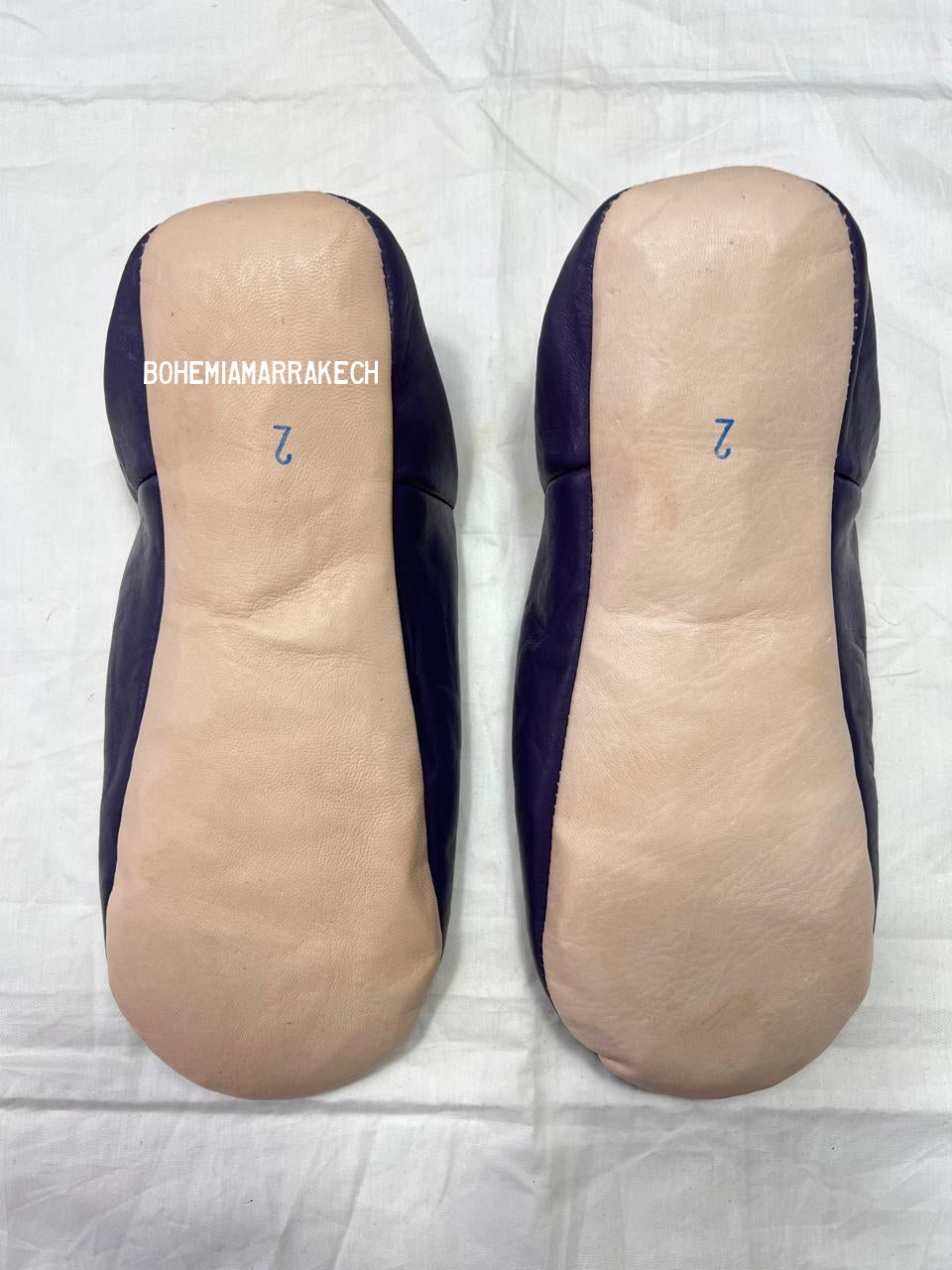Handmade purple Moroccan leather babouche slippers with hand-embroidered floral design