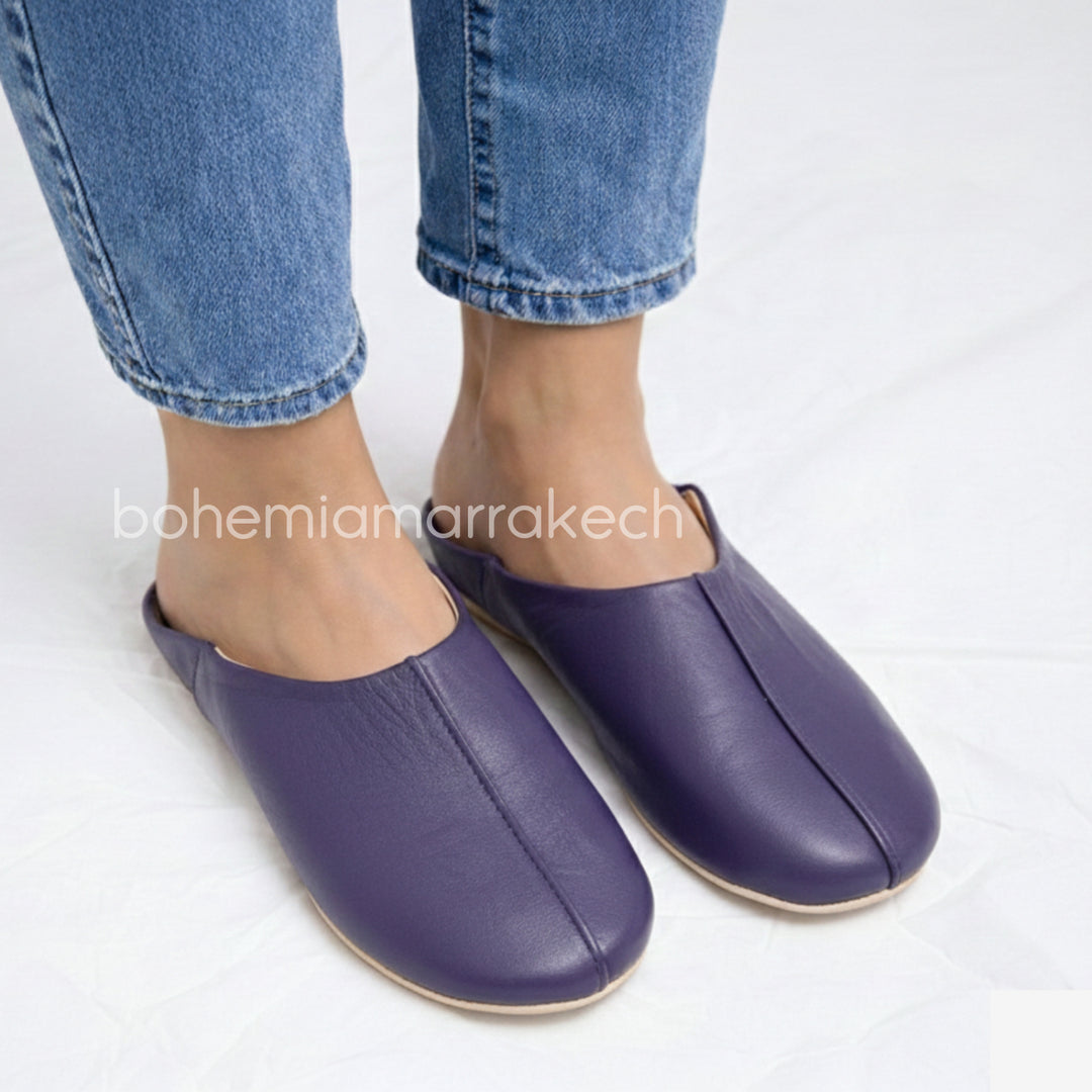 Minimal purple leather Moroccan babouche slippers handmade