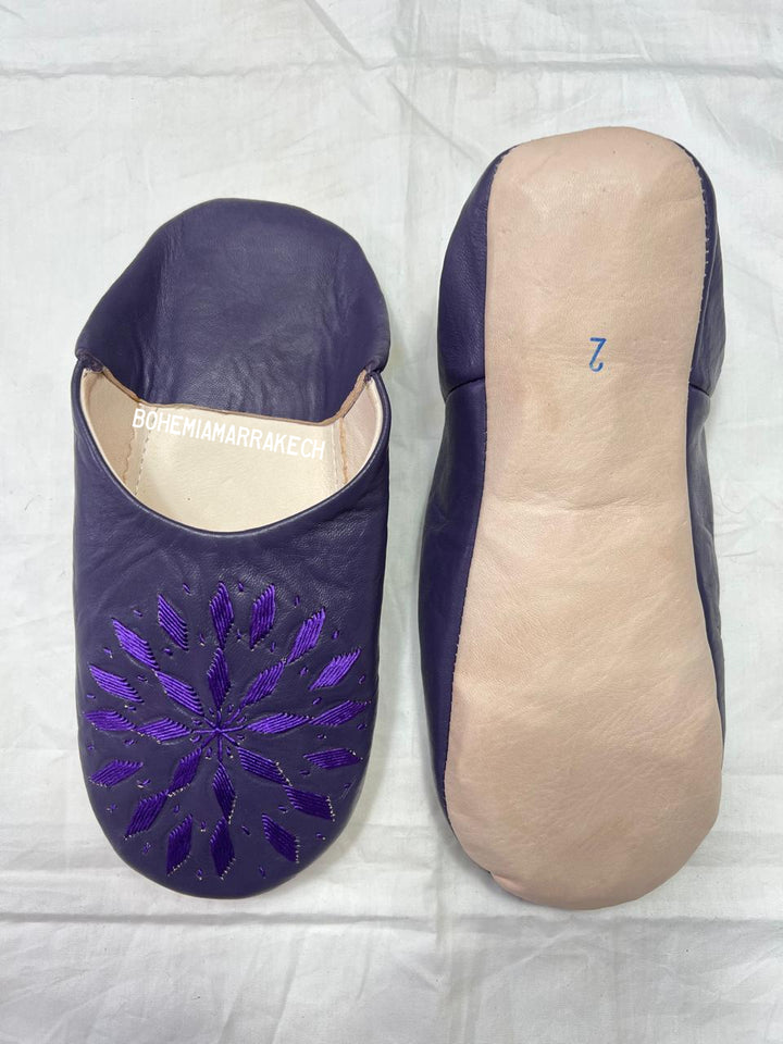 Handmade purple Moroccan leather babouche slippers with hand-embroidered floral design