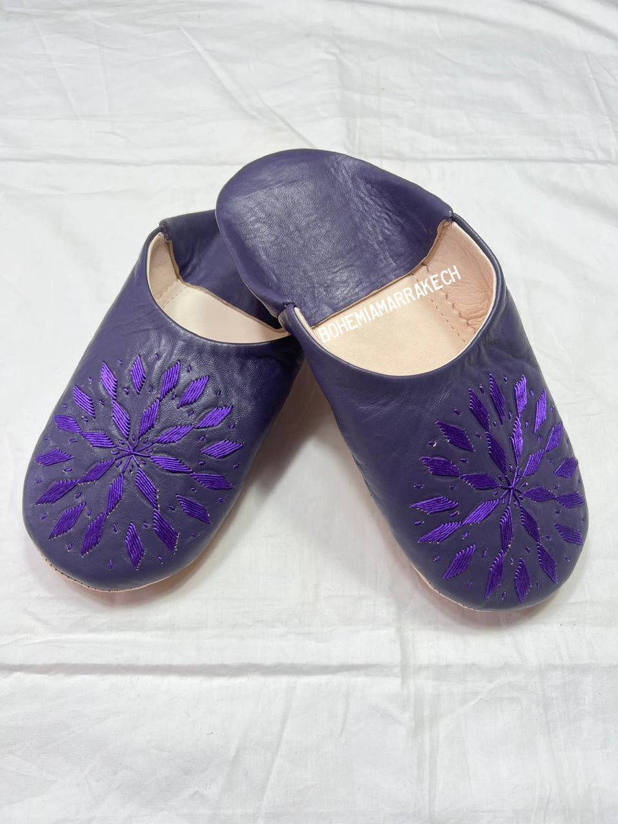 Handmade purple Moroccan leather babouche slippers with hand-embroidered floral design
