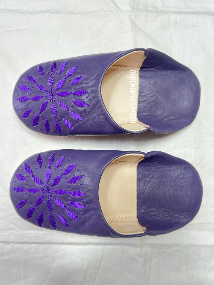 Handmade purple Moroccan leather babouche slippers with hand-embroidered floral design