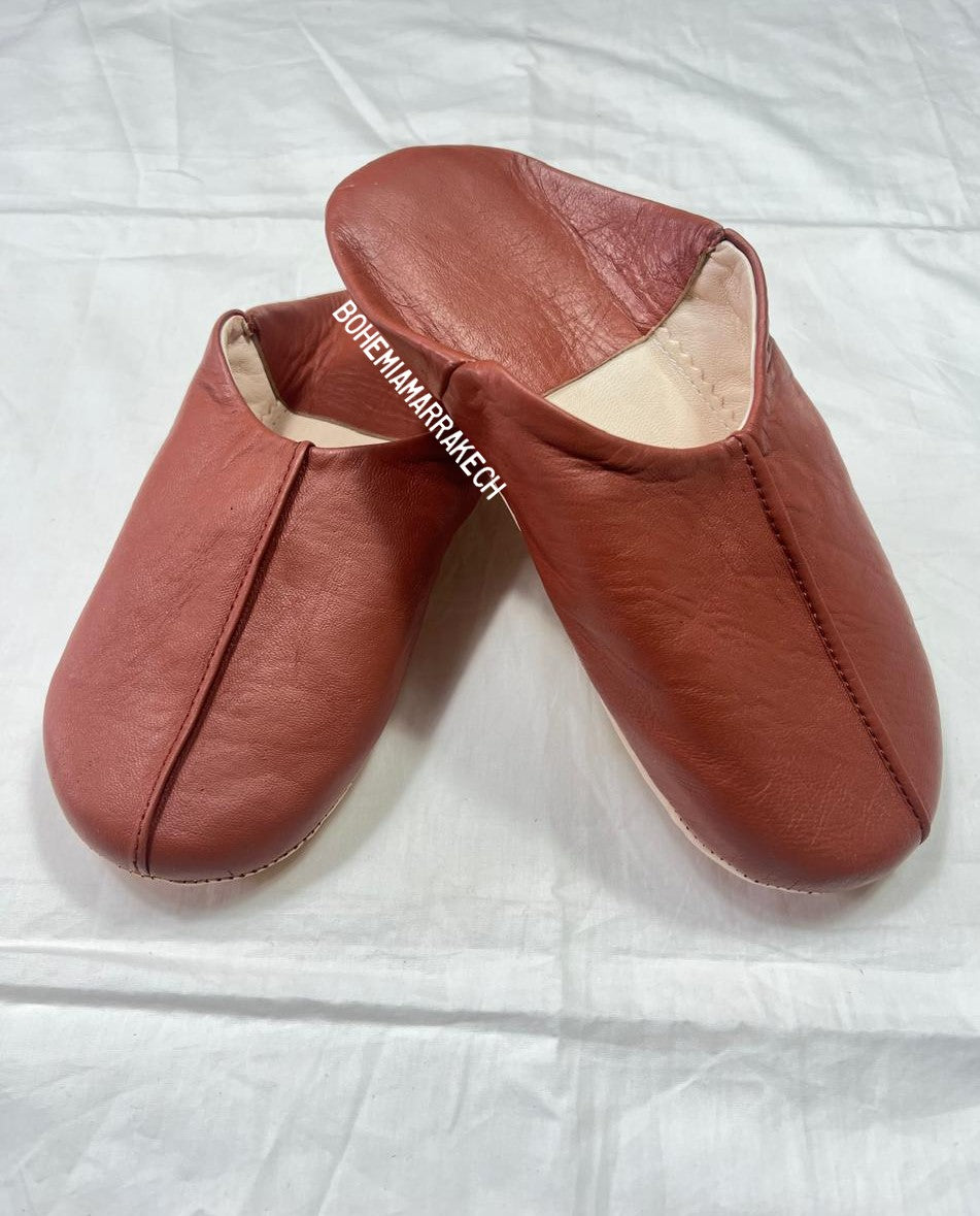 Handmade terracotta Moroccan leather babouche slippers with flat sole