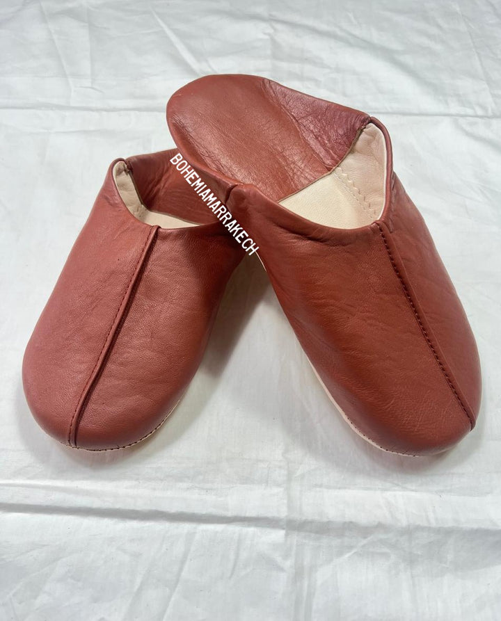 Handmade terracotta Moroccan leather babouche slippers with flat sole