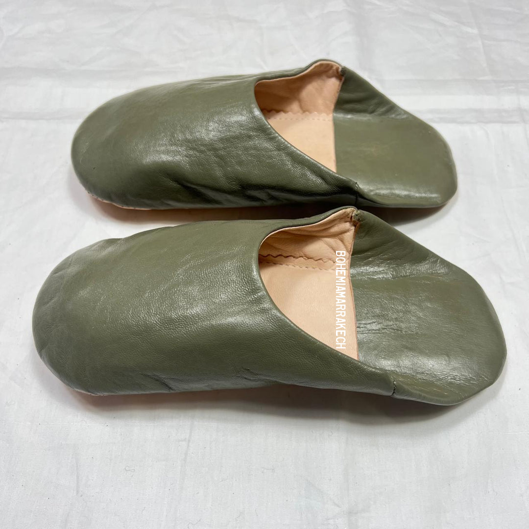 Handmade olive green Moroccan leather babouche slippers with flat sole