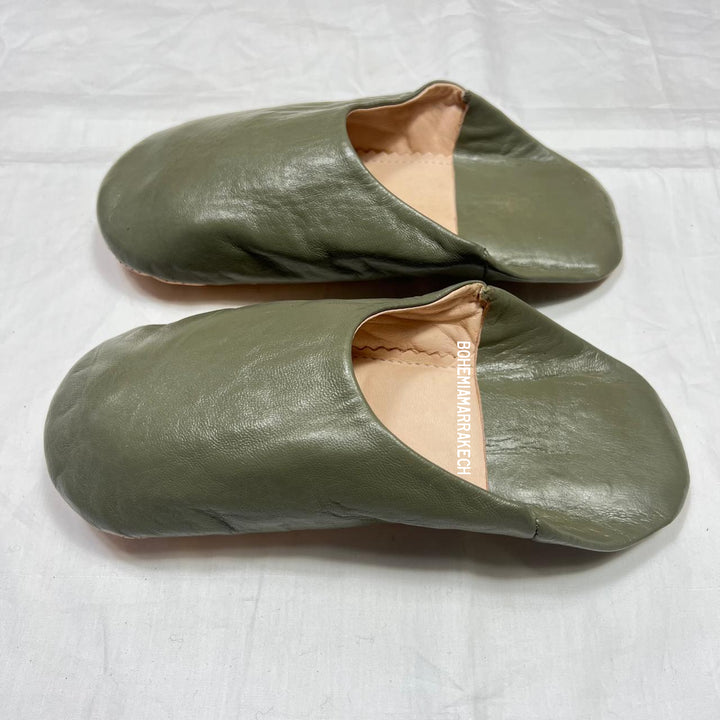 Handmade olive green Moroccan leather babouche slippers with flat sole