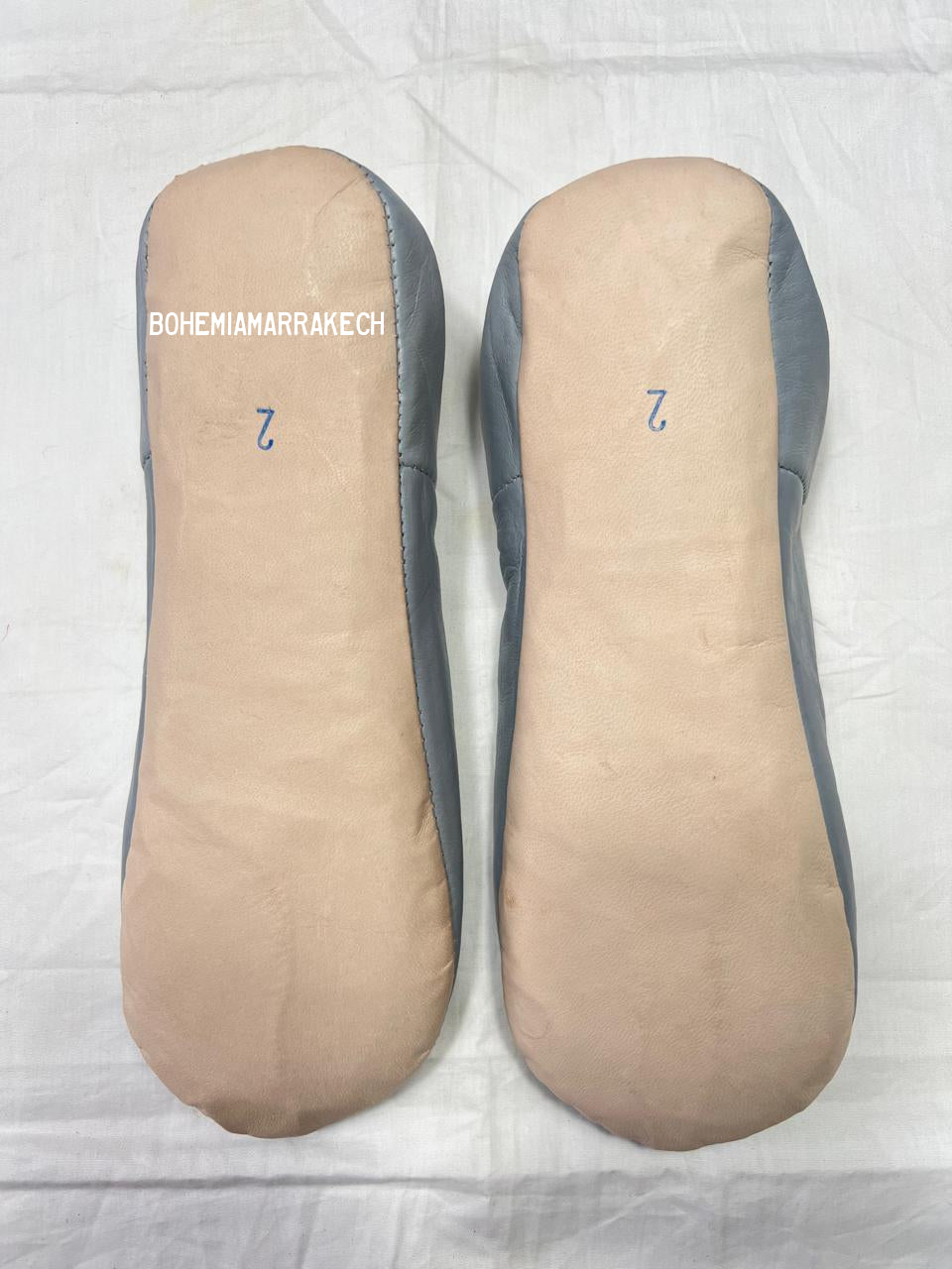 Handmade gray Moroccan leather babouche slippers with minimalist plain design