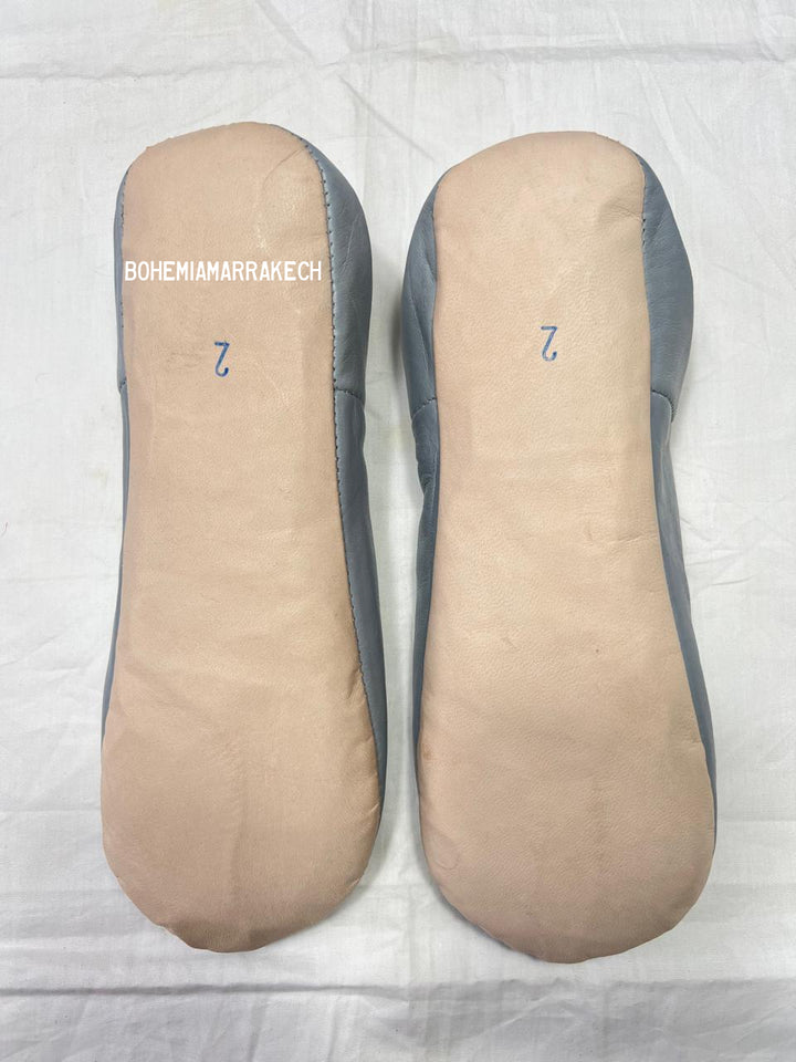 Handmade gray Moroccan leather babouche slippers with minimalist plain design