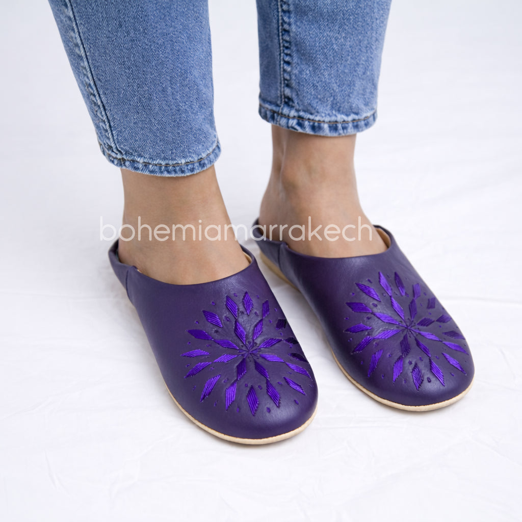 Handmade purple Moroccan leather babouche slippers with hand-embroidered floral design