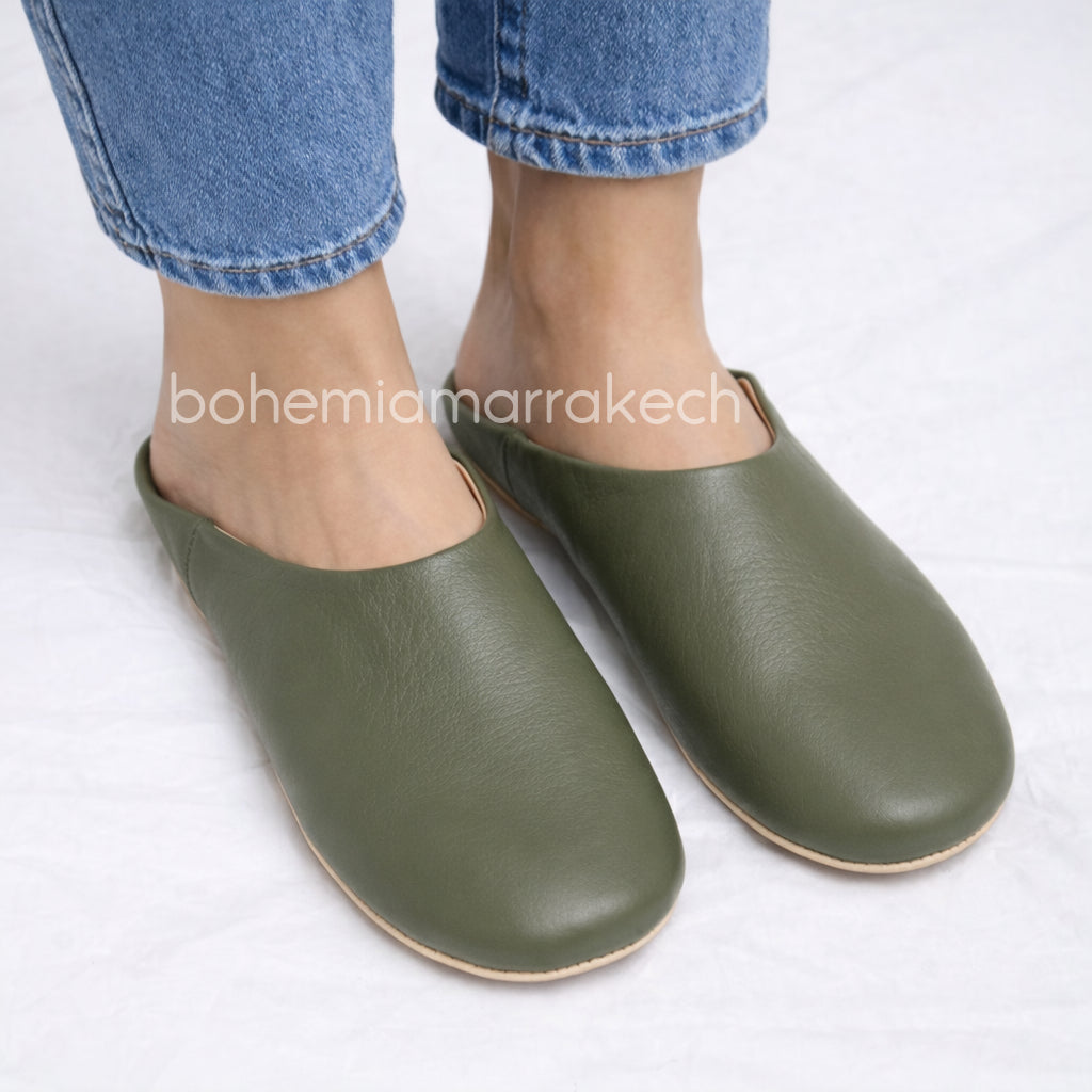 Handmade olive green Moroccan leather babouche slippers with flat sole