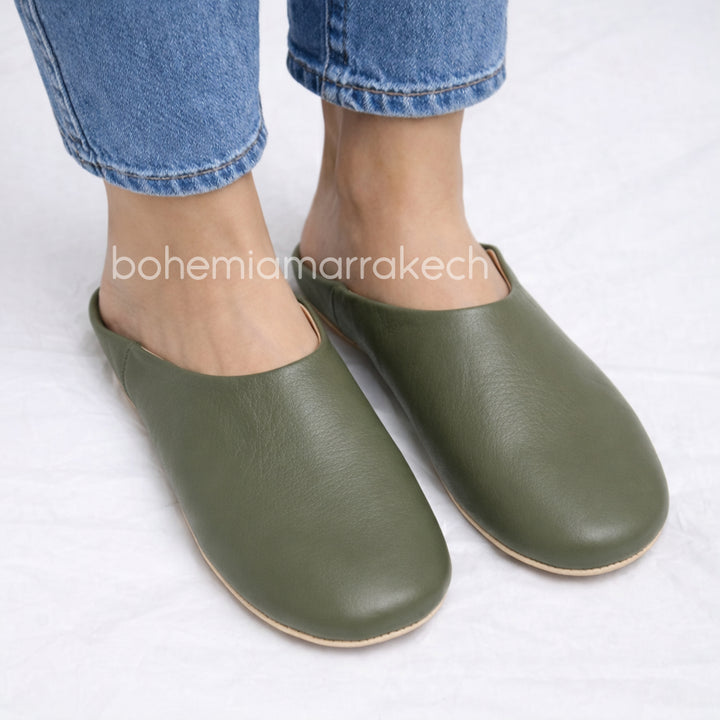 Handmade olive green Moroccan leather babouche slippers with flat sole