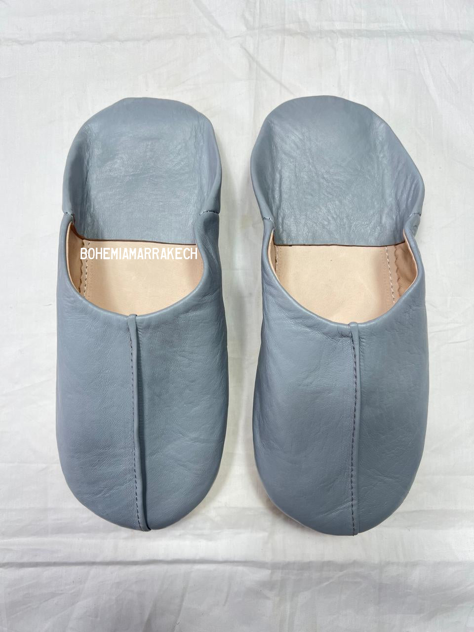 Handmade gray Moroccan leather babouche slippers with minimalist plain design