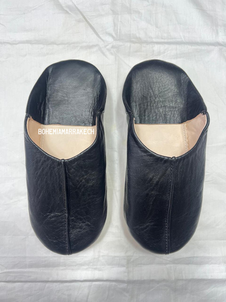 Minimal black Moroccan leather babouche slippers handmade