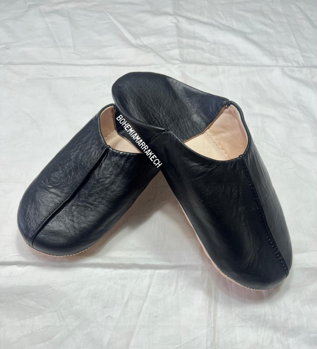 Minimal black Moroccan leather babouche slippers handmade