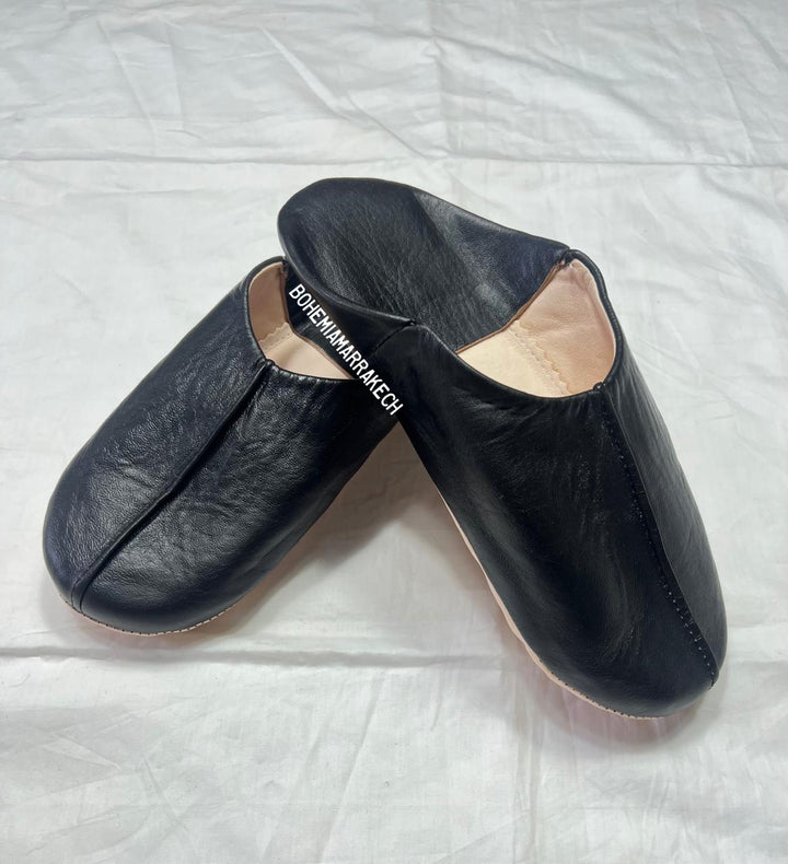 Minimal black Moroccan leather babouche slippers handmade