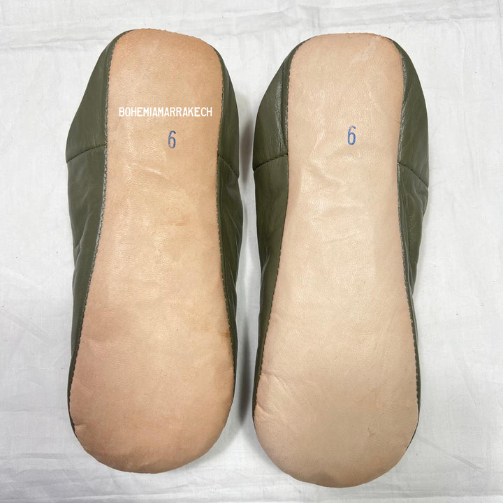 Handmade olive green Moroccan leather babouche slippers with flat sole