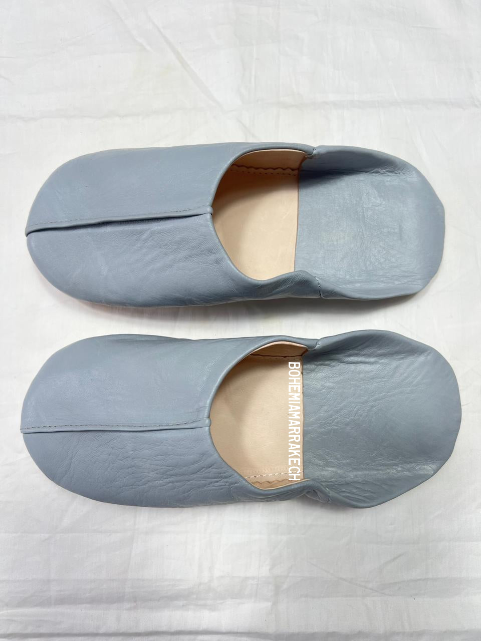 Handmade gray Moroccan leather babouche slippers with minimalist plain design