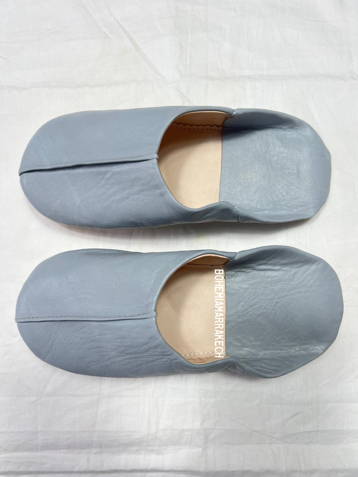 Handmade gray Moroccan leather babouche slippers with minimalist plain design