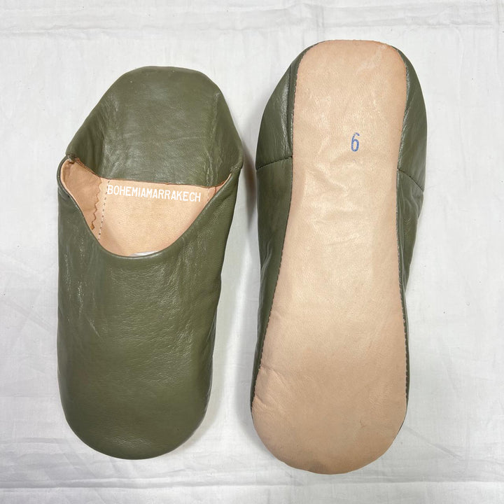 Handmade olive green Moroccan leather babouche slippers with flat sole
