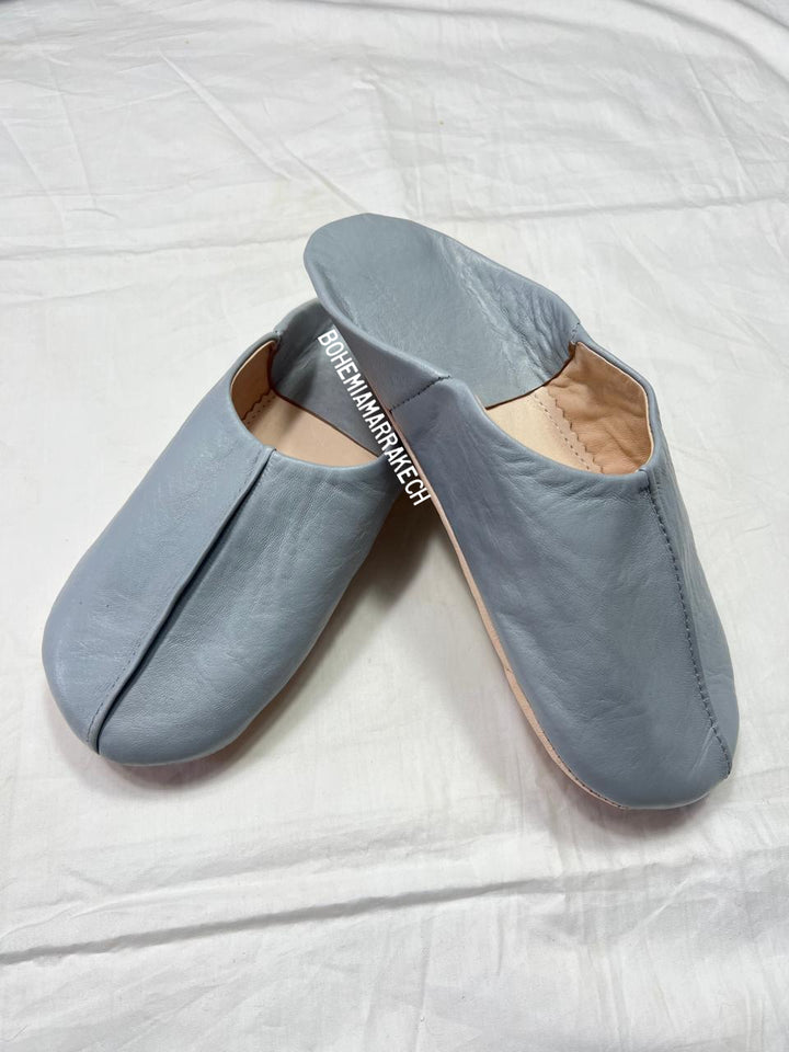 Handmade gray Moroccan leather babouche slippers with minimalist plain design