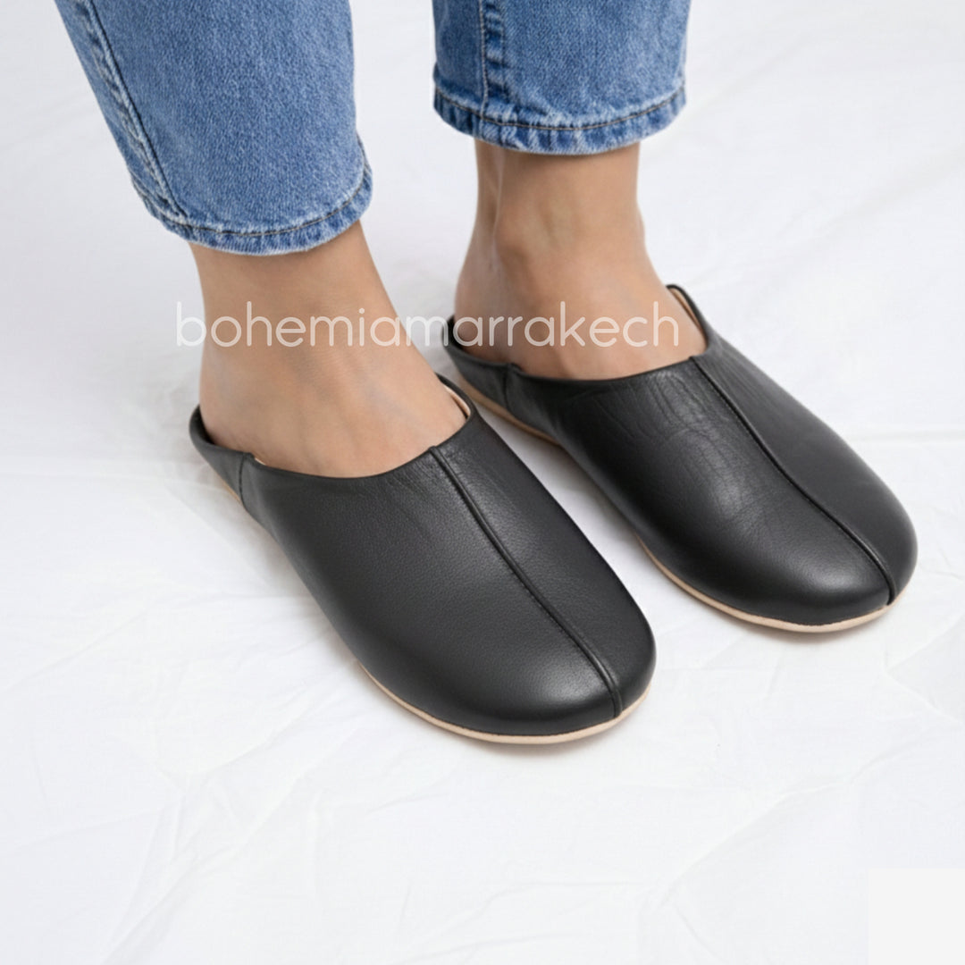 Minimal black Moroccan leather babouche slippers handmade