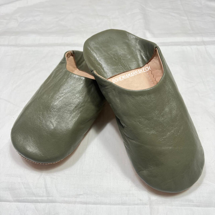 Handmade olive green Moroccan leather babouche slippers with flat sole