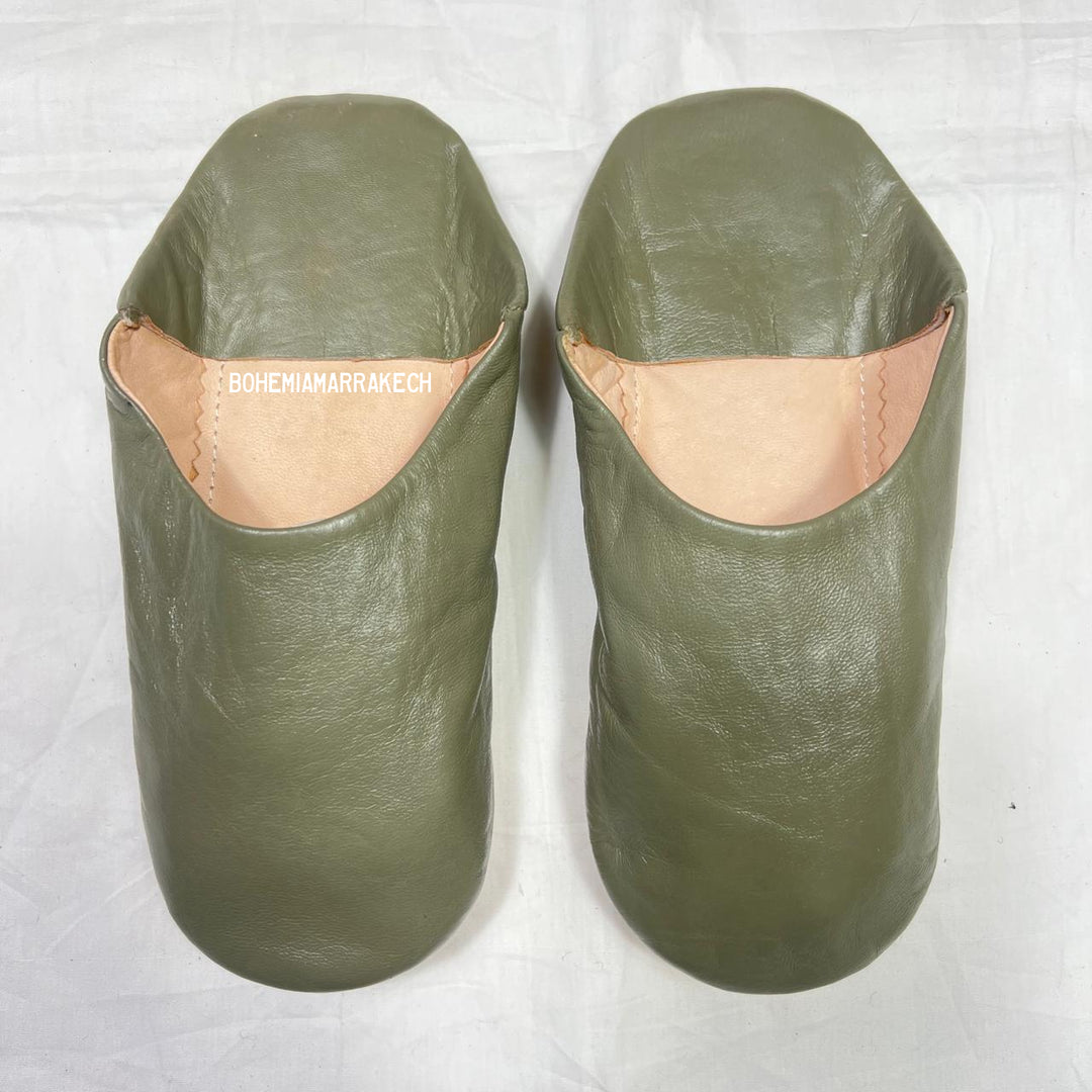 Handmade olive green Moroccan leather babouche slippers with flat sole