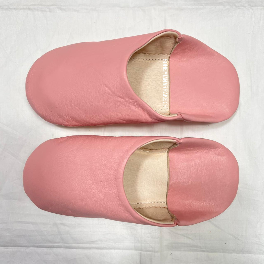 Handmade pink Moroccan leather babouche slippers with flat sole