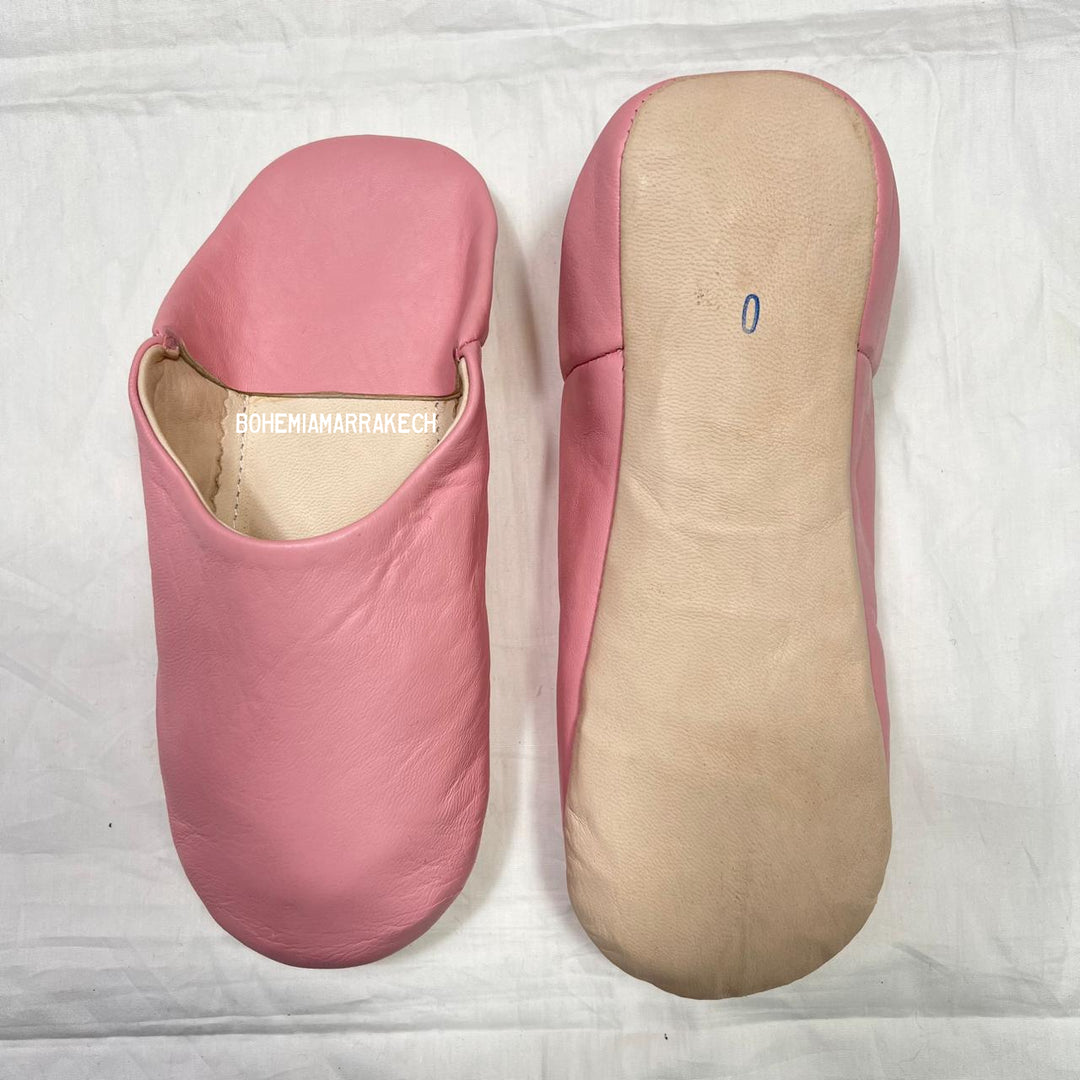 Handmade pink Moroccan leather babouche slippers with flat sole