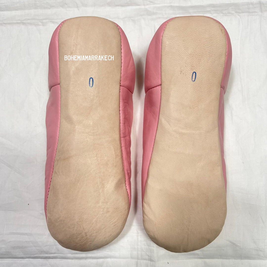 Handmade pink Moroccan leather babouche slippers with flat sole