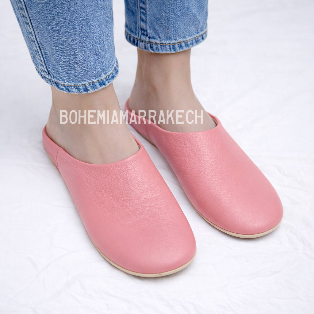 Handmade pink Moroccan leather babouche slippers with flat sole