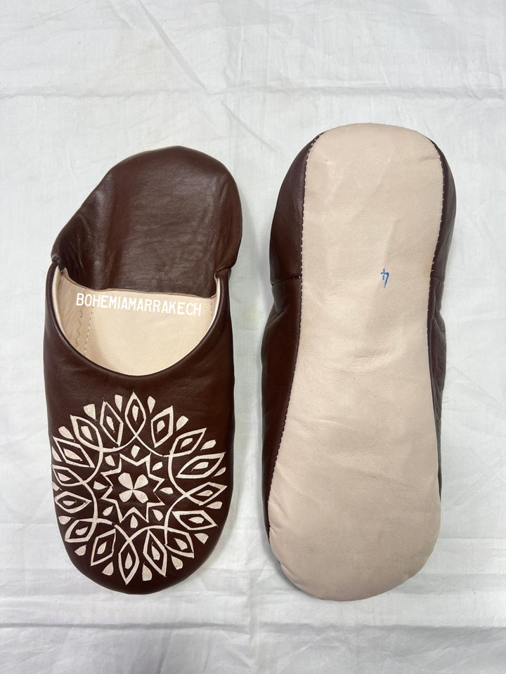 Handmade brown Moroccan leather babouche slippers with hand-carved geometric mandala design