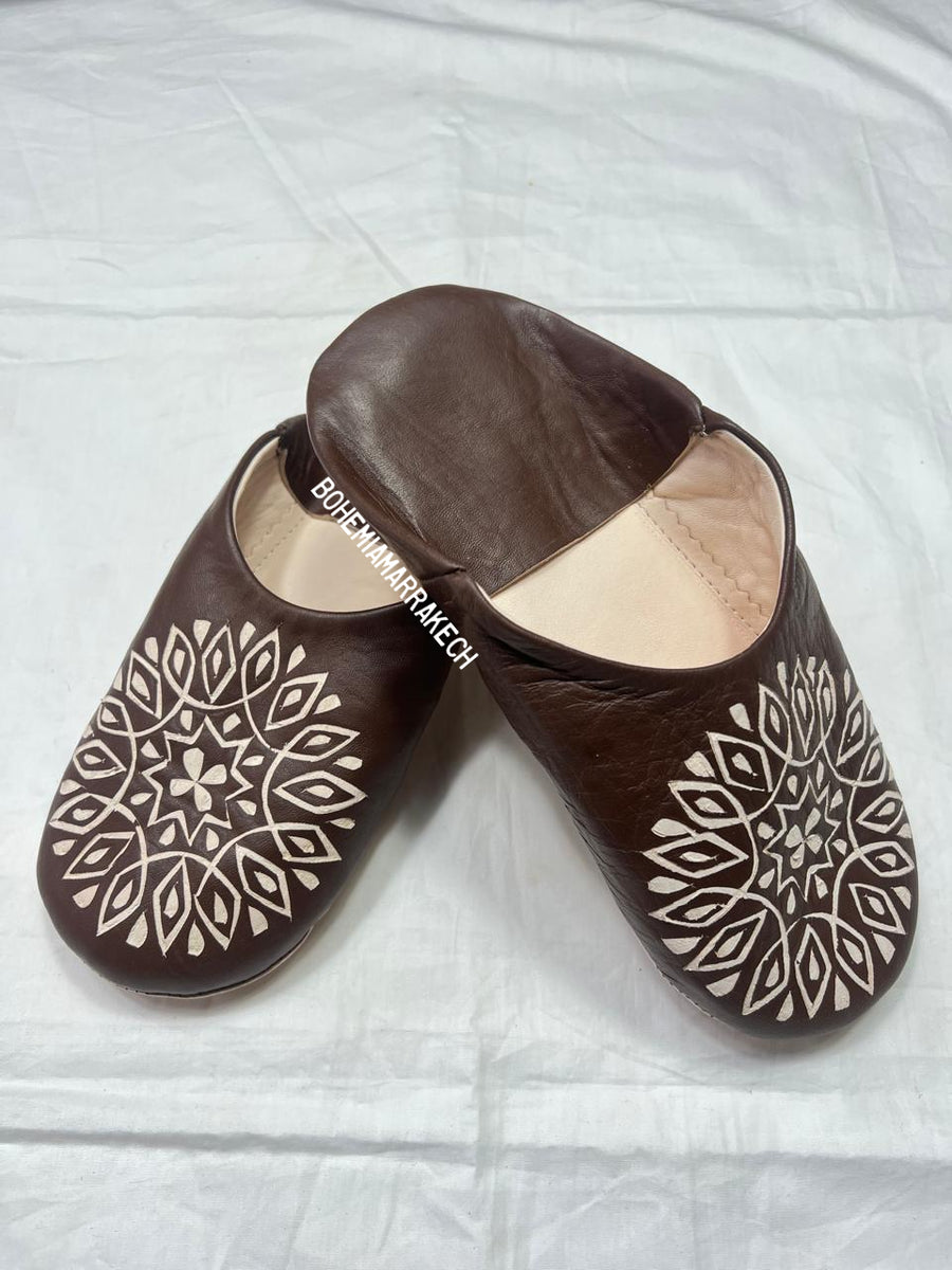 Handmade brown Moroccan leather babouche slippers with hand-carved geometric mandala design