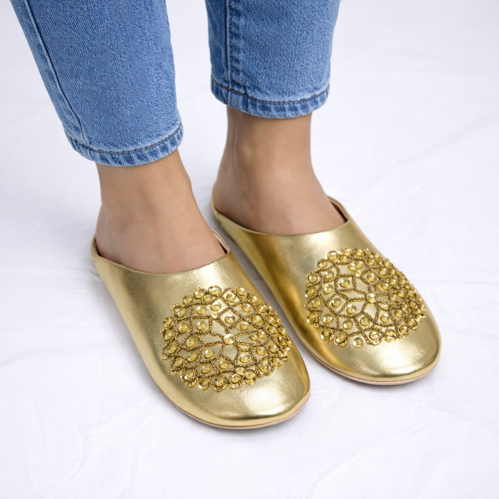 Gold Moroccan babouche slippers handmade in metallic leather with beaded geometric embroidery
