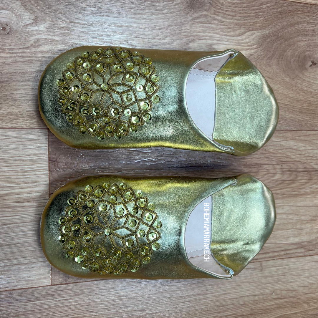 Gold Moroccan babouche slippers handmade in metallic leather with beaded geometric embroidery