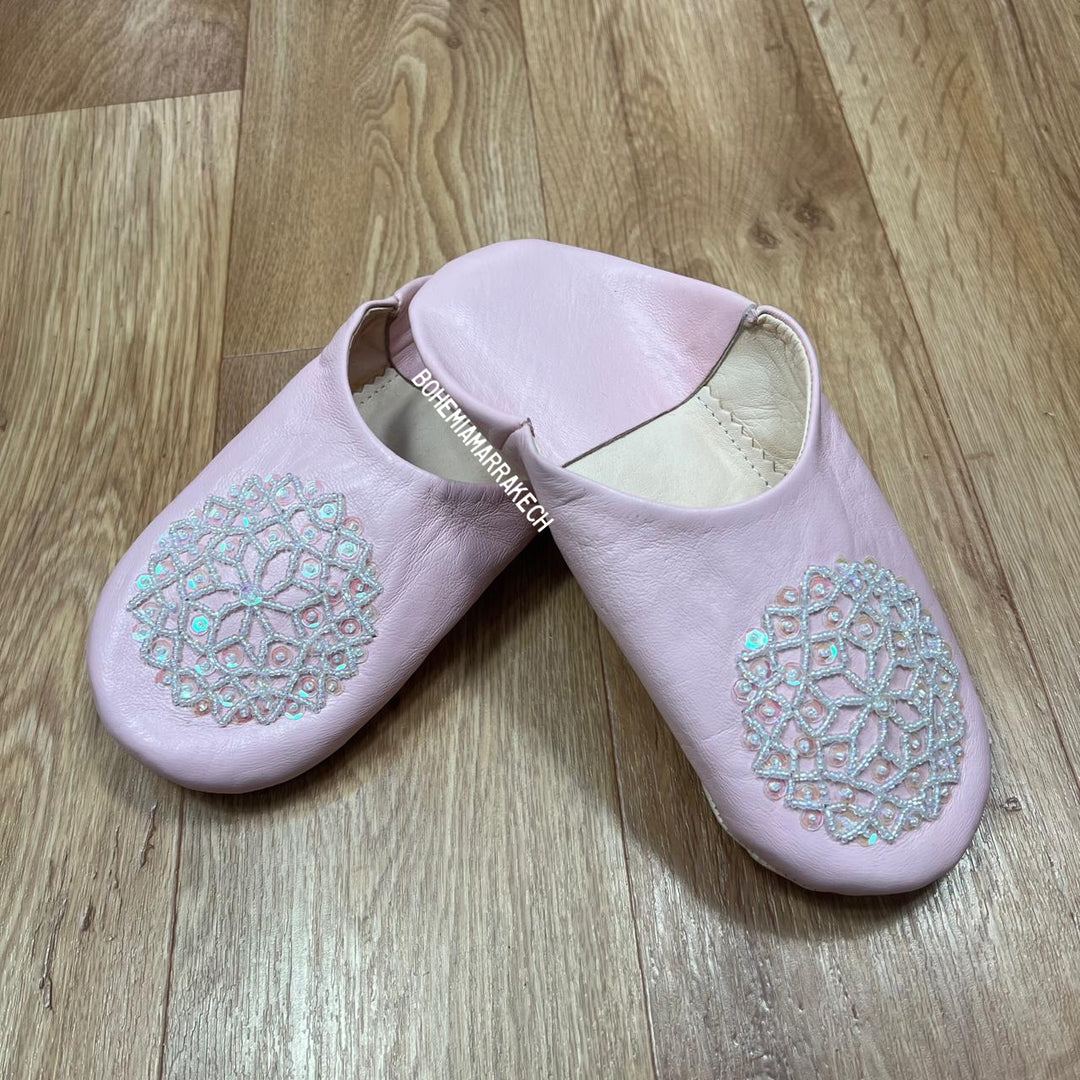 Pink Moroccan babouche slippers handmade in leather with beaded and embroidered geometric design